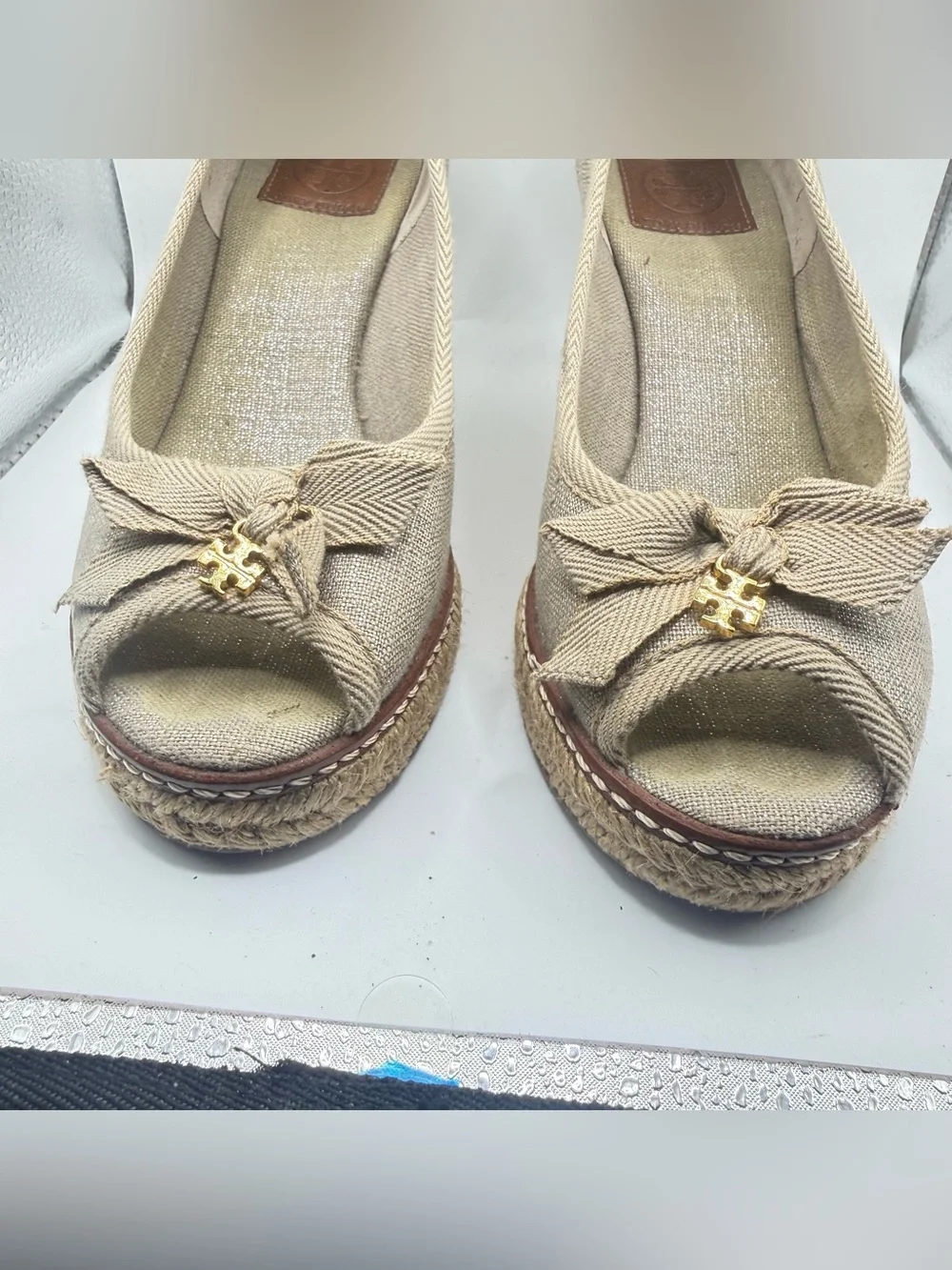 Tory Burch Tan Linen Wedge Espadrilles with Bow and Gold Logo